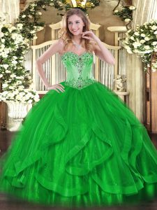 Green Sweet 16 Quinceanera Dress Sweet 16 and Quinceanera with Beading and Ruffles Sweetheart Sleeveless Lace Up
