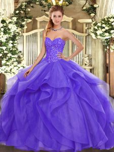 Sleeveless Floor Length Beading and Ruffles Lace Up 15 Quinceanera Dress with Lavender
