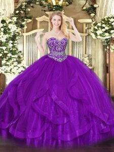 Colorful Eggplant Purple Ball Gowns Sweetheart Sleeveless Tulle Floor Length Lace Up Ruffles Vestidos de Quinceanera