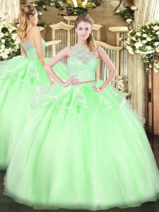 Apple Green Sleeveless Lace Floor Length 15th Birthday Dress
