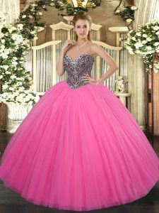 Edgy Sleeveless Tulle Floor Length Lace Up Sweet 16 Quinceanera Dress in Hot Pink with Beading