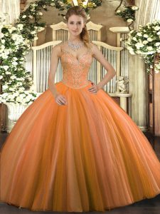 Beauteous Floor Length Lace Up 15th Birthday Dress Orange Red for Military Ball and Sweet 16 and Quinceanera with Beading