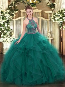 Fine Tulle Halter Top Sleeveless Lace Up Beading and Ruffles Quinceanera Gowns in Teal