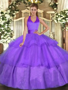 Unique Lavender Ball Gowns Ruffled Layers Sweet 16 Quinceanera Dress Lace Up Tulle Sleeveless Floor Length