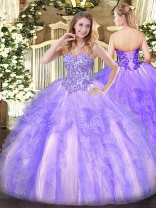 Sleeveless Tulle Floor Length Lace Up Quinceanera Gown in Lavender with Appliques and Ruffles