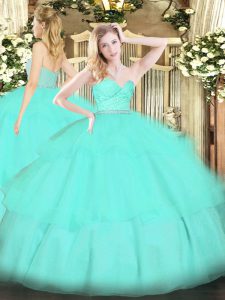 Best Apple Green Ball Gowns Beading and Lace and Ruffled Layers Ball Gown Prom Dress Zipper Tulle Sleeveless Floor Length