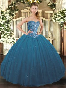 Teal Ball Gowns Beading Sweet 16 Quinceanera Dress Lace Up Tulle Sleeveless Floor Length