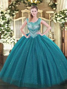 Nice Teal Sleeveless Tulle and Sequined Lace Up 15th Birthday Dress for Sweet 16 and Quinceanera