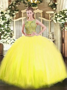 Chic Yellow Two Pieces Beading Quinceanera Gown Lace Up Tulle Sleeveless Floor Length