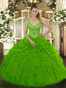 Fantastic Green Organza Zipper V-neck Sleeveless Floor Length 15 Quinceanera Dress Beading and Ruffles