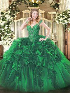 On Sale Green Sleeveless Floor Length Beading and Ruffles Lace Up 15 Quinceanera Dress