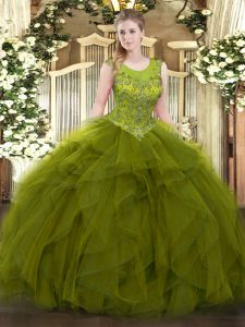 Sleeveless Floor Length Beading and Ruffles Zipper Sweet 16 Quinceanera Dress with Olive Green