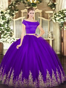 Purple Two Pieces Tulle Off The Shoulder Short Sleeves Appliques Floor Length Zipper Sweet 16 Dress