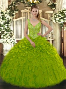 Classical Floor Length Olive Green Sweet 16 Dresses Organza Sleeveless Beading and Ruffles