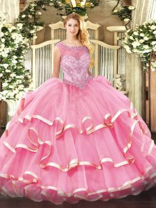 Attractive Ball Gowns Ball Gown Prom Dress Rose Pink Scoop Organza Sleeveless Floor Length Zipper