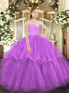 Fuchsia Zipper Sweetheart Beading and Lace and Ruffled Layers Sweet 16 Quinceanera Dress Tulle Sleeveless Brush Train