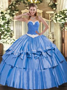 Low Price Blue Sweetheart Lace Up Appliques and Ruffled Layers Quinceanera Dresses Sleeveless