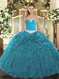 On Sale Teal Organza Lace Up Quinceanera Gown Sleeveless Floor Length Appliques and Ruffles