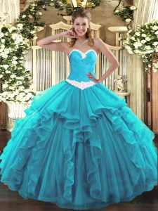 Aqua Blue Sweetheart Neckline Appliques and Ruffles Quince Ball Gowns Sleeveless Lace Up