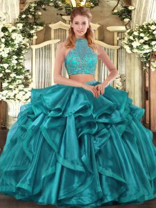 Low Price Halter Top Sleeveless Quinceanera Gowns Asymmetrical Beading and Ruffled Layers Turquoise Organza