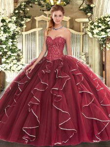 Burgundy Ball Gowns Sweetheart Sleeveless Tulle Floor Length Lace Up Beading and Ruffles Sweet 16 Dresses