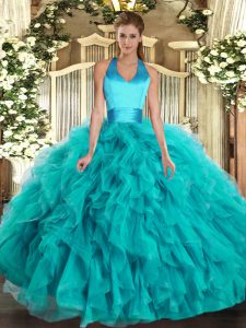 Turquoise Lace Up Quinceanera Dresses Ruffles Sleeveless Floor Length