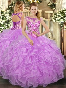 Romantic Organza Cap Sleeves Floor Length Sweet 16 Dress and Beading and Appliques and Ruffles