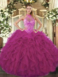 Beading and Embroidery and Ruffles Sweet 16 Dresses Fuchsia Lace Up Sleeveless Floor Length