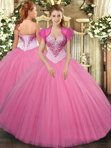 Rose Pink Tulle Lace Up Sweetheart Sleeveless Floor Length Quinceanera Gown Beading
