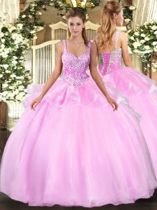 Traditional Sleeveless Floor Length Beading Lace Up Ball Gown Prom Dress with Pink