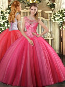 Stunning Floor Length Coral Red 15 Quinceanera Dress Tulle Sleeveless Beading