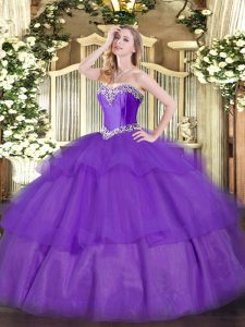 Unique Lavender Lace Up Quinceanera Gowns Beading and Ruffled Layers Sleeveless Floor Length