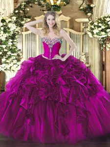 Fuchsia Ball Gowns Sweetheart Sleeveless Organza Floor Length Lace Up Beading and Ruffles Sweet 16 Dresses