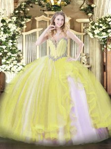 Trendy Yellow Lace Up 15 Quinceanera Dress Beading and Ruffles Sleeveless Floor Length