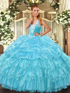 Excellent Aqua Blue Ball Gowns Straps Sleeveless Organza Floor Length Lace Up Beading and Ruffled Layers and Pick Ups Sweet 16 Dresses