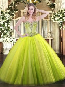Yellow Green Sleeveless Floor Length Beading Lace Up Quinceanera Gown