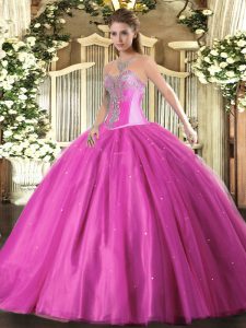 Simple Fuchsia Ball Gowns Beading Sweet 16 Quinceanera Dress Lace Up Tulle Sleeveless Floor Length