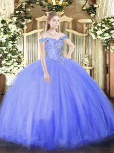 Blue Tulle Lace Up Quinceanera Gown Sleeveless Floor Length Beading
