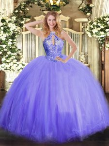 Lavender Sleeveless Floor Length Beading Lace Up Ball Gown Prom Dress