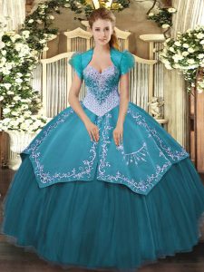 Modest Sleeveless Satin and Tulle Floor Length Lace Up Quinceanera Dress in Teal with Beading and Embroidery