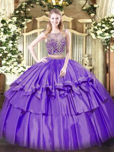 Beading and Ruffled Layers Quinceanera Dresses Lavender Lace Up Sleeveless Floor Length