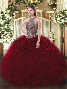 Flirting Wine Red Ball Gowns Halter Top Sleeveless Organza Floor Length Lace Up Beading and Ruffles Quinceanera Dresses