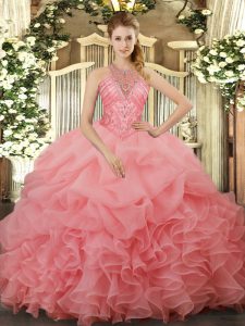 Beautiful Watermelon Red Ball Gowns Halter Top Sleeveless Organza Floor Length Lace Up Beading and Ruffles and Pick Ups Quince Ball Gowns