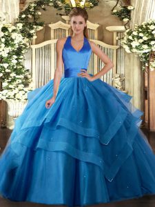 Sleeveless Floor Length Ruffled Layers Lace Up Ball Gown Prom Dress with Blue