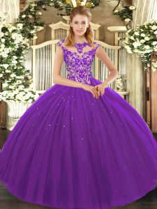Cute Eggplant Purple Ball Gowns Beading and Appliques Sweet 16 Dresses Lace Up Tulle Sleeveless Floor Length