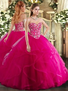 Fuchsia Lace Up 15 Quinceanera Dress Embroidery and Ruffles Sleeveless Floor Length