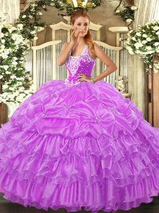 Lilac Ball Gowns Beading and Ruffled Layers and Pick Ups Vestidos de Quinceanera Lace Up Organza Sleeveless Floor Length
