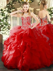 Low Price Ball Gowns Quinceanera Dress Red Sweetheart Organza Sleeveless Floor Length Lace Up