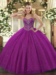 Fuchsia Ball Gowns Sweetheart Sleeveless Lace Floor Length Lace Up Beading Quinceanera Gown