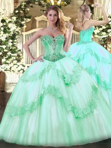 Super Apple Green Quinceanera Gowns Sweet 16 and Quinceanera with Beading and Appliques Sweetheart Sleeveless Lace Up